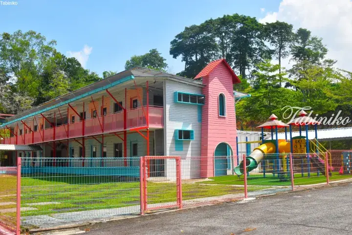 Colorful two-story kindergarten building with a pink tower and playground in a lush green setting