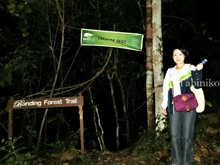 A woman stands at night beside the Banding Forest Trail sign in Belum, Malaysia, holding a flashlight near the Lakeside Trail banner.