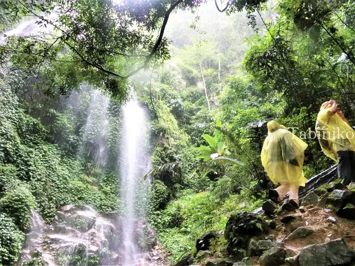 Tourists in yellow raincoats walk along a rocky path near a lush jungle waterfall.
