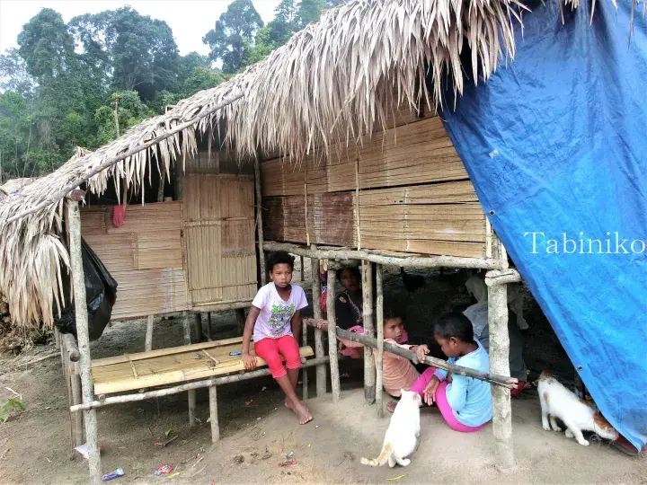 Children sit outside a traditional stilt house with a thatched roof and bamboo walls in a rural Malaysian setting.