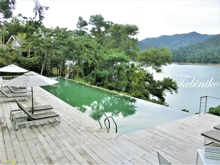 Infinity pool overlooking a serene lake and lush mountains at a luxury resort in Malaysia.