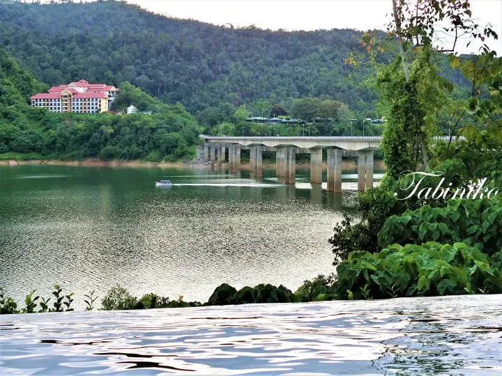 A scenic view of a bridge over a reservoir with a resort on a hillside, seen from an infinity pool.