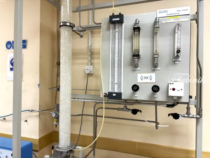 Laboratory gas absorption unit with transparent column, flow meters, and control panel.