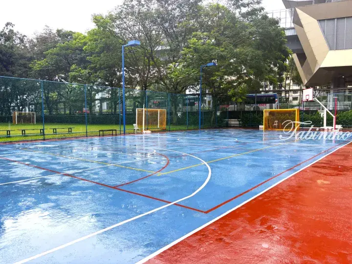 Wet multi-sport court with blue and red surfaces, basketball hoops, and yellow soccer goals surrounded by a fence and trees.