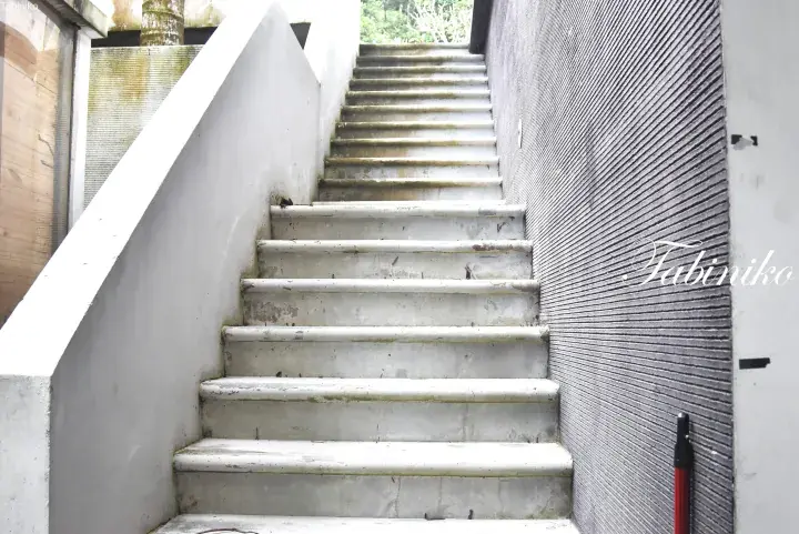 Weathered concrete staircase leading up between a white wall and a textured grey wall.