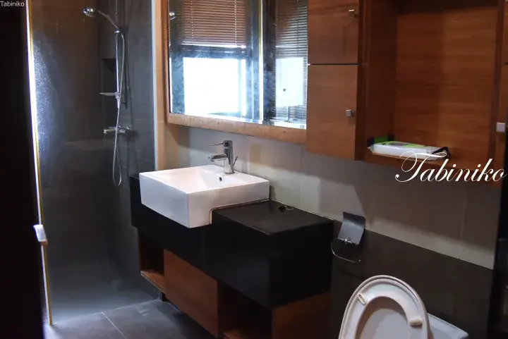 Modern bathroom with a white vessel sink, dark vanity, wooden cabinets, and a walk-in shower with dark tiles.