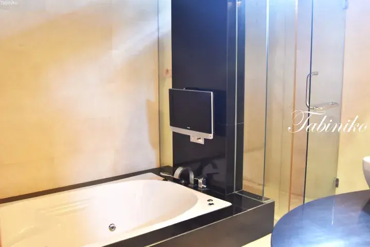 Modern bathroom featuring a white bathtub with a wall-mounted TV and glass shower enclosure.