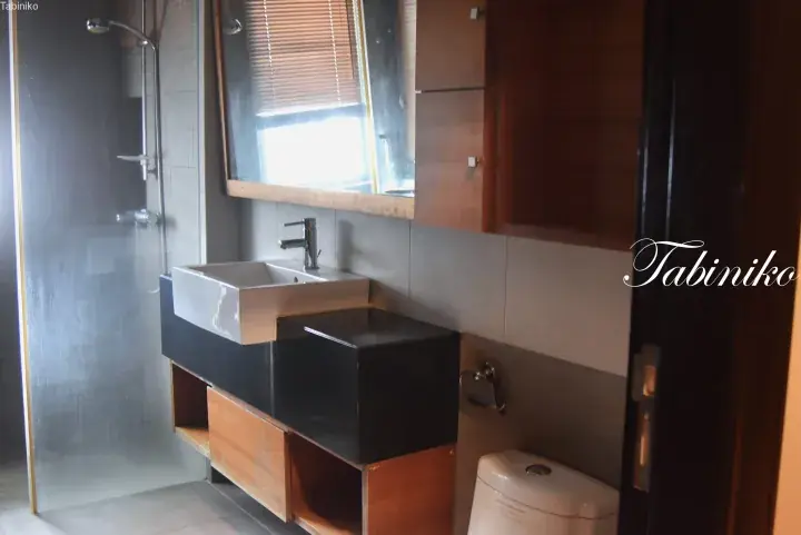 Modern bathroom with a rectangular sink, wooden vanity, and glass shower enclosure.