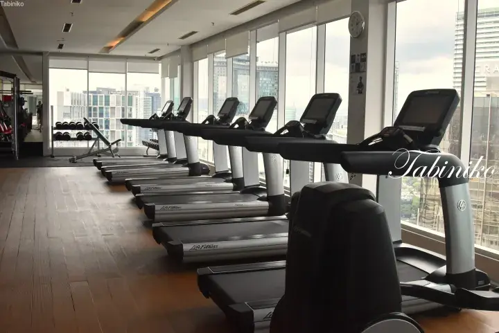 Life Fitness treadmills lined up in a modern gym with floor-to-ceiling windows overlooking a city skyline.