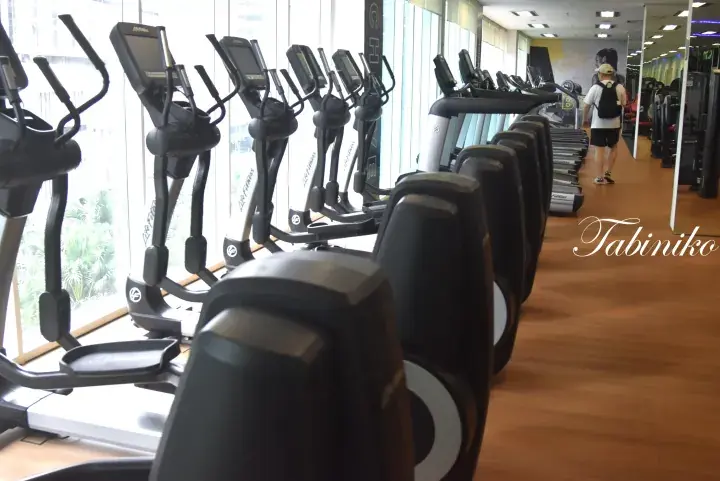 Rows of Life Fitness elliptical machines and treadmills in a bright, modern gym with large windows.