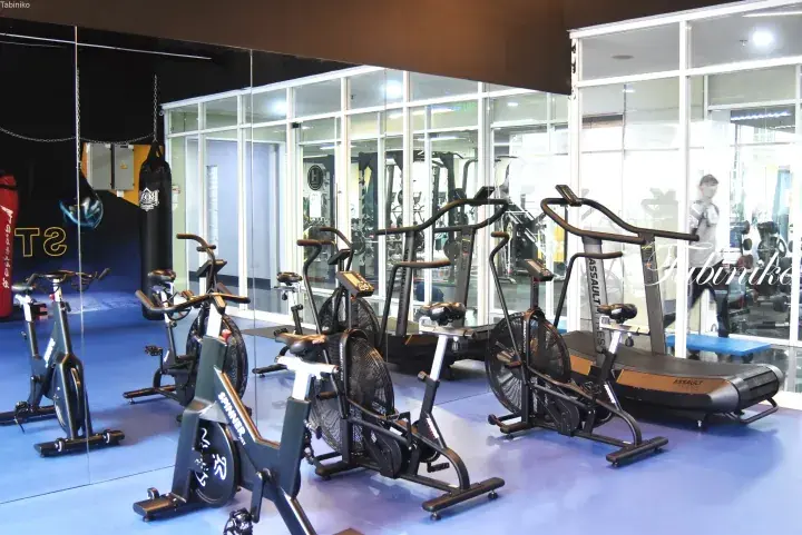 Assault Fitness air bikes and spinners in a gym with mirrors and punching bags