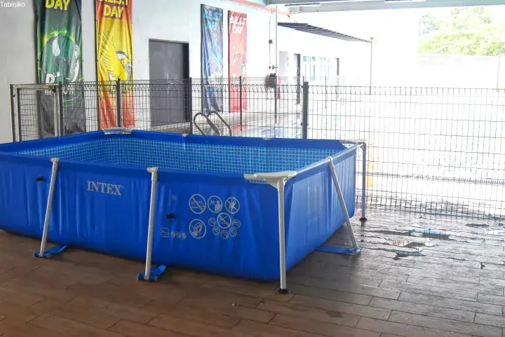 Blue Intex rectangular swimming pool set up on wooden decking near a larger pool at a Malaysian facility.