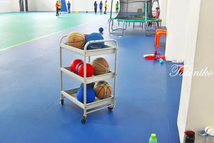 A metal cart filled with colorful basketballs and balls sits on a blue indoor sports court floor.