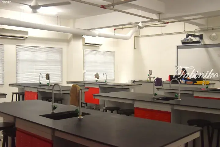 Modern science laboratory with grey countertops, red cabinets, sinks, and whiteboards in a bright room.