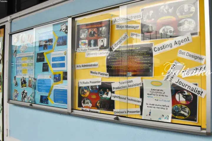 School bulletin board displaying career options like actor and journalist alongside IGCSE Drama course information.