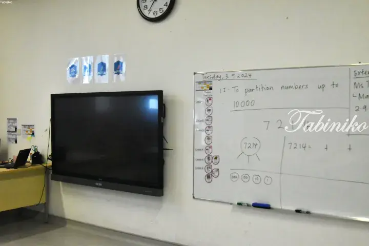 Classroom whiteboard showing a math lesson on partitioning numbers up to 10000 with the date Tuesday 3.9.2024