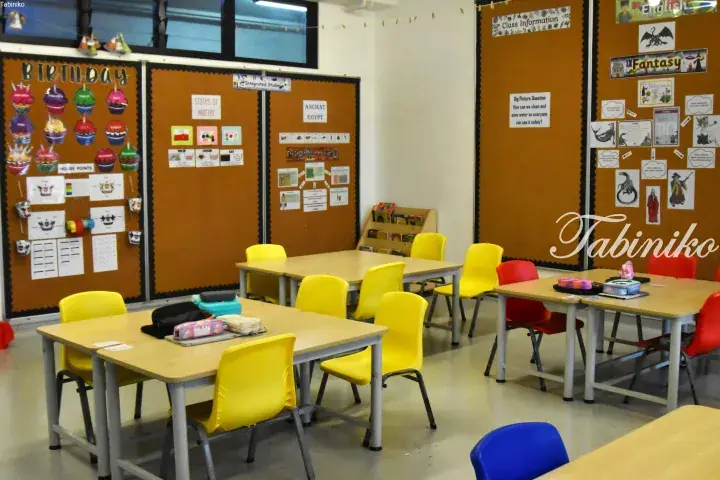 Bright classroom with yellow and red chairs, educational posters on walls, and student supplies on desks.