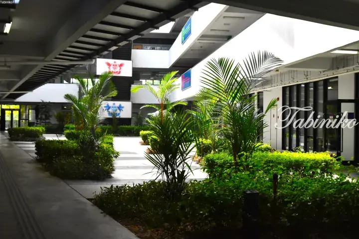 Modern campus courtyard with lush tropical plants and walkways at KDU University College in Malaysia.