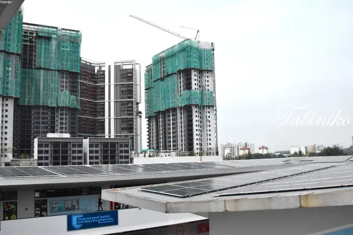 High-rise residential buildings under construction with green scaffolding, viewed from a rooftop with solar panels.