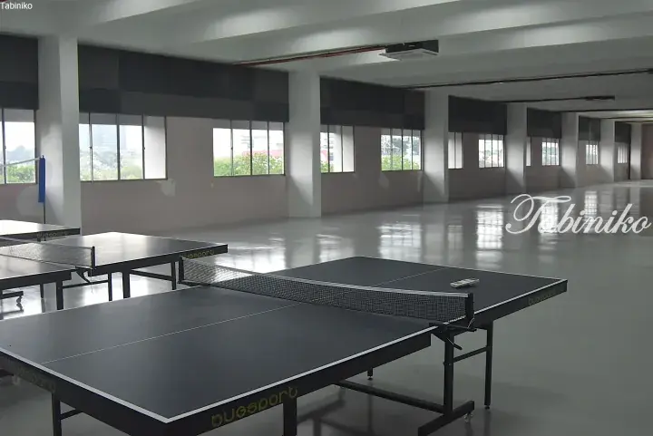 Spacious indoor table tennis facility with multiple black tables and large windows overlooking greenery.