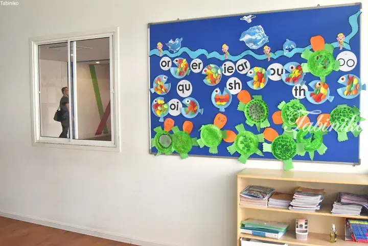 Classroom bulletin board with ocean theme, featuring paper plate turtles and fish displaying English phonics blends like ‘or’, ’er’, ‘ie’, and ‘sh’.