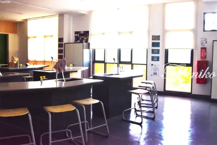 Modern laboratory with black workstations, sinks, and stools near large windows.