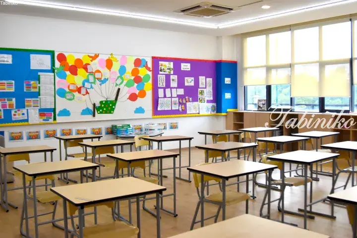 Bright classroom with colorful bulletin boards and neatly arranged student desks in a Malaysian school.