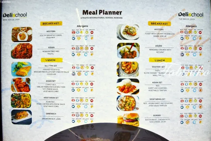 Delischool meal planner for Straits International School Rawang showing breakfast and lunch options with allergen icons.
