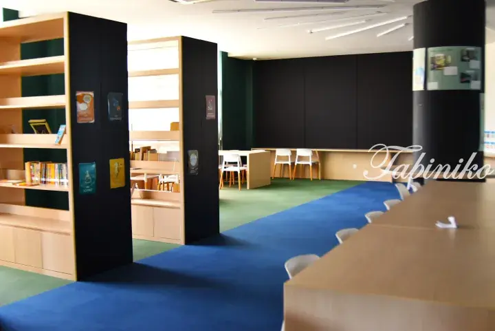 Modern library interior with wooden bookshelves, blue carpet, and study tables.