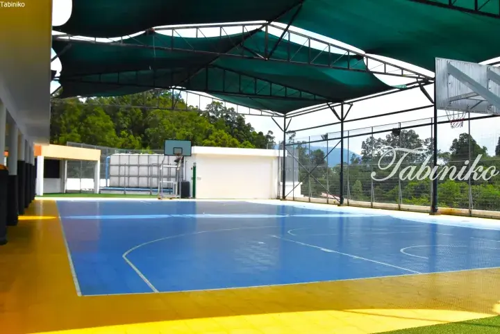 Outdoor basketball court with blue and yellow flooring under a green shade canopy, surrounded by lush greenery.