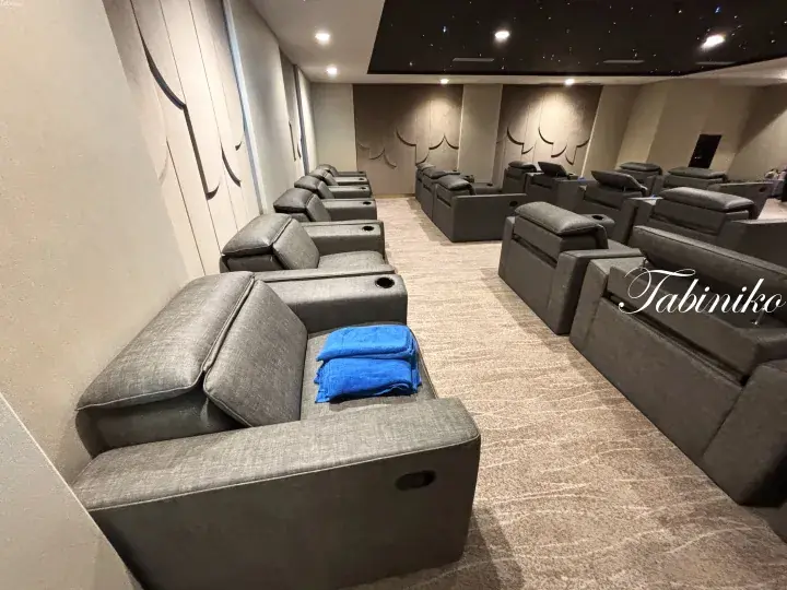 Luxury cinema interior with plush grey recliner seats, blue towels, and a starry ceiling.
