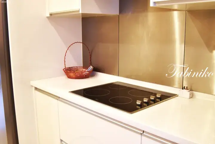 Modern kitchen with white countertop, induction cooktop, and stainless steel backsplash.