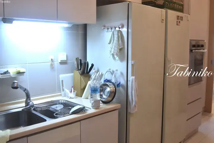 Modern kitchen with a double sink, large refrigerator, and built-in oven in a Malaysian apartment.