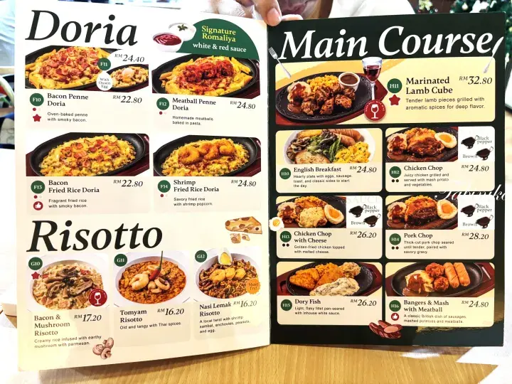 Menu featuring Doria, Risotto, and Main Course dishes with prices in Malaysian Ringgit at a restaurant.