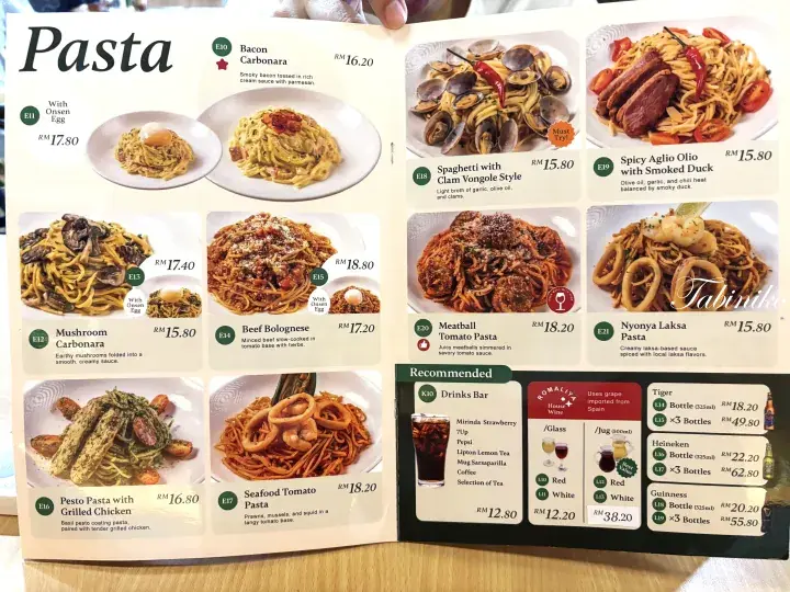 Menu page displaying pasta dishes with prices in Malaysian Ringgit, including Bacon Carbonara, Spaghetti with Clam Vongole Style, and Meatball Tomato Pasta.