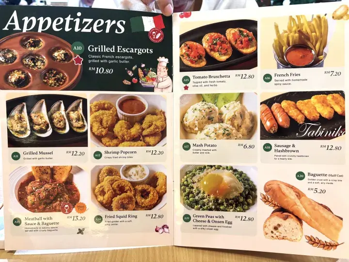 Menu page showing appetizers like grilled escargots, tomato bruschetta, and meatballs with sauce and baguette.