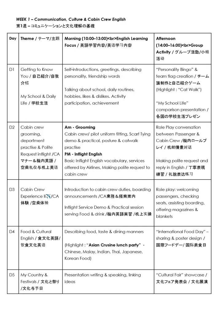Weekly schedule for Cabin Crew English course showing daily themes, morning English learning, and afternoon group activities.