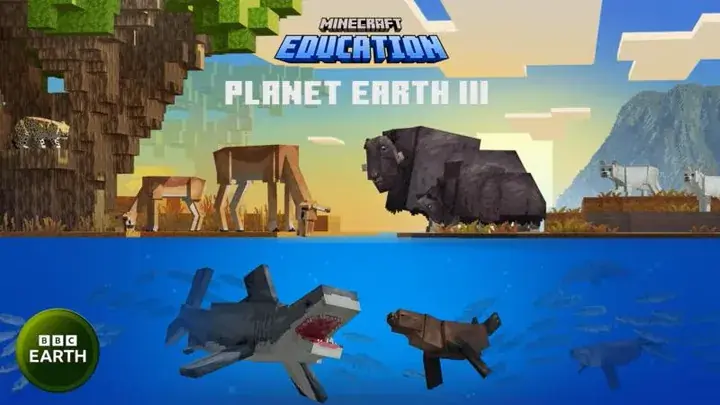 Minecraft Education Planet Earth III promotional image showing block-style animals on land and underwater.