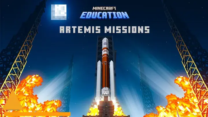 Minecraft Education Artemis Missions rocket launch scene with pixelated flames and launch towers.