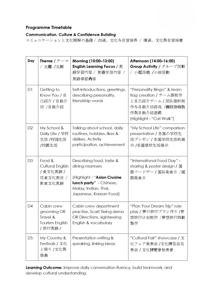 Programme timetable for a 5-day Communication, Culture & Confidence Building course in Malaysia.