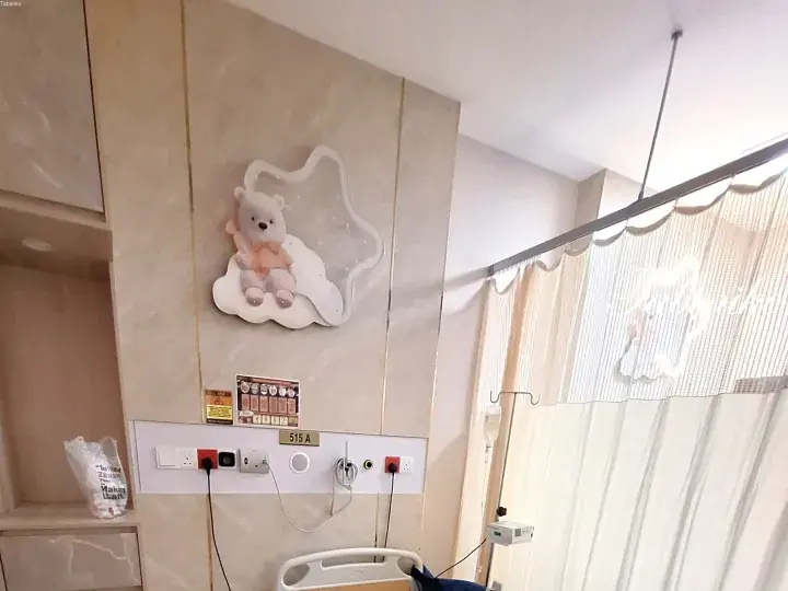 A cozy hospital room interior with a teddy bear wall decoration, medical equipment panel, and privacy curtains.