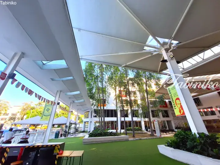 Modern school courtyard with white tensile canopy, green artificial turf, and tall trees.