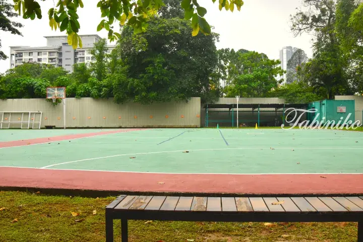 Outdoor basketball court with green and red flooring, surrounded by trees and residential buildings in Malaysia.