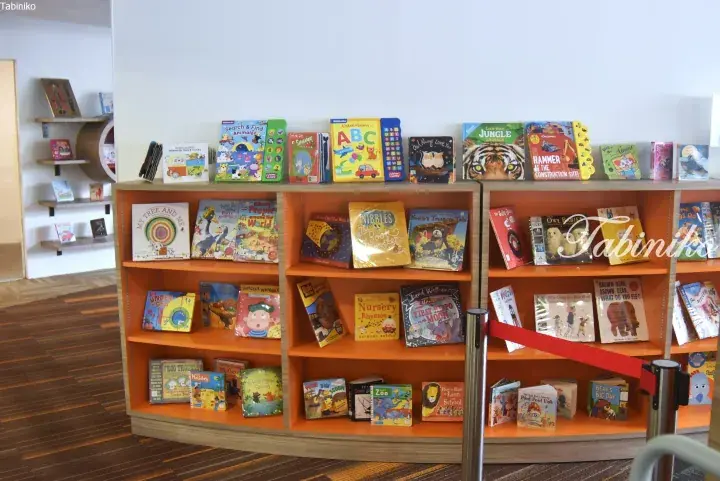 Colorful children’s books displayed on wooden shelves in a bright library or reading area.