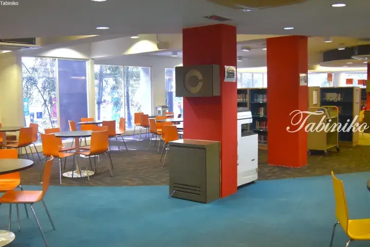 Modern library interior with orange chairs, blue carpet, and red pillars near large windows.