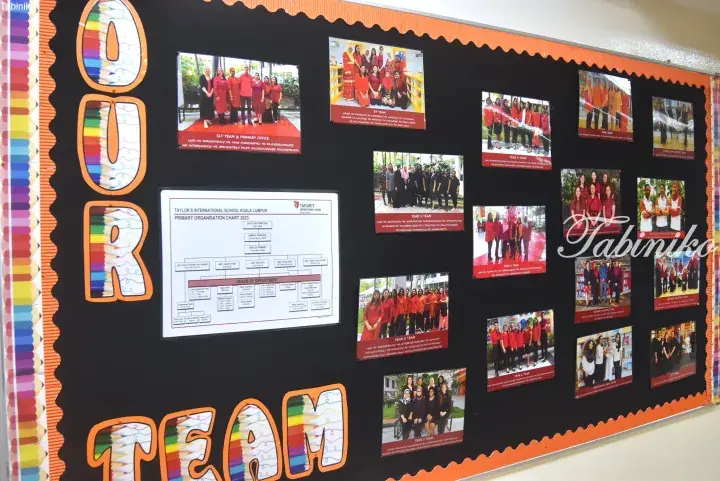 Taylor’s International School Kuala Lumpur staff display board featuring team photos and a 2023 primary organization chart.