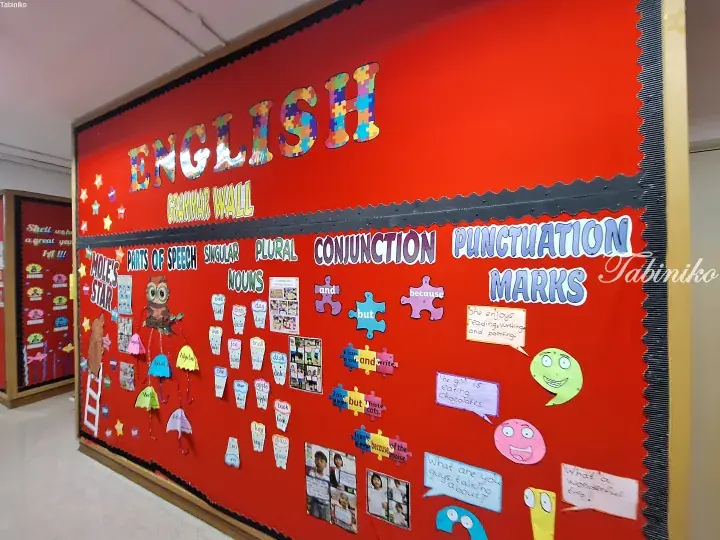 Red English grammar wall display board featuring parts of speech, singular and plural nouns, conjunctions, and punctuation marks.