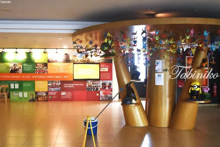 Colorful origami cranes hang from a wooden tree sculpture inside a school lobby featuring a history timeline wall.