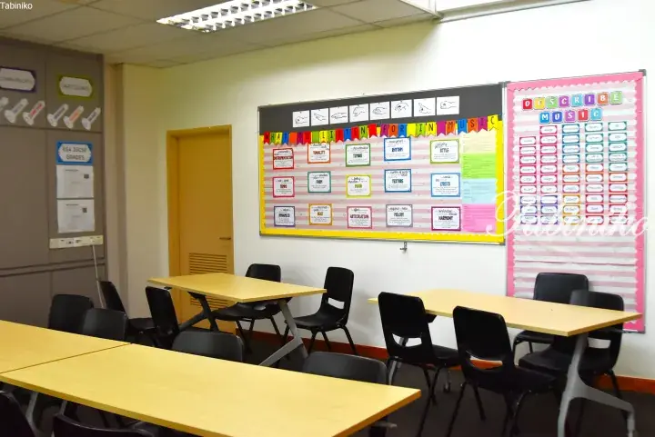 Music classroom with educational posters on walls and wooden tables with black chairs.