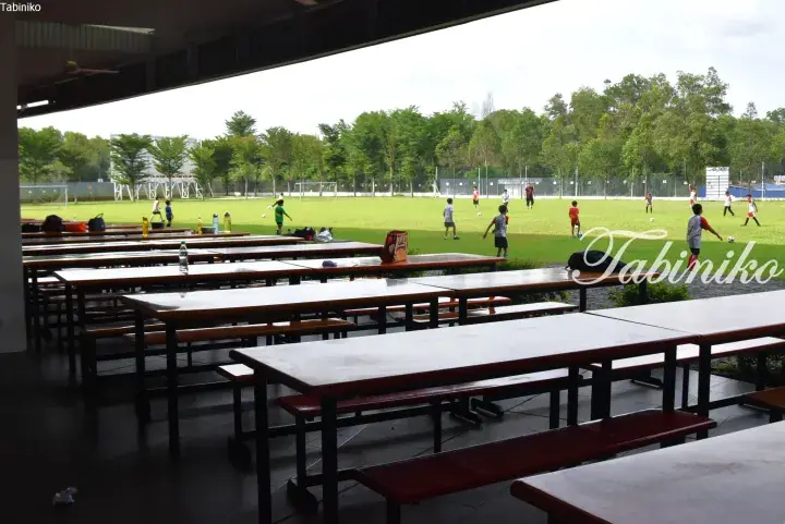 Children playing football on a green field, viewed from a covered seating area with long wooden tables and benches.